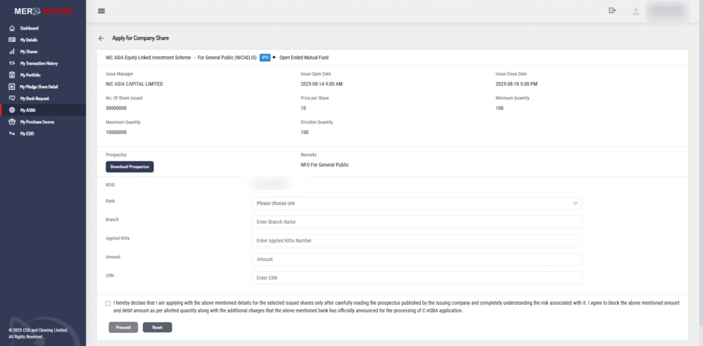 fifth step is to fill the C-ASBA registration form